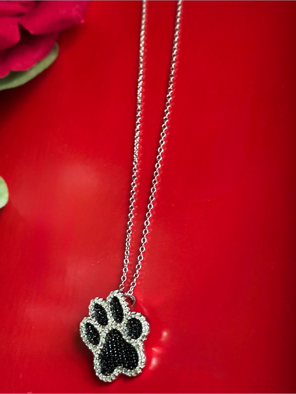 925 Silver Set,Black Paw Print Pendant Necklace and Stud Earrings Set 17” - Picture 9 of 9